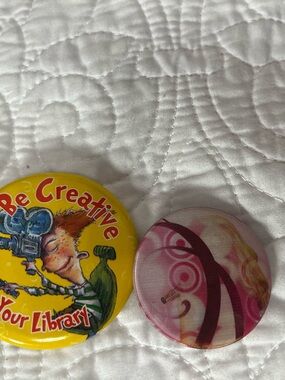 Hannah Montana pink pin & Yellow "Be Creative" Library Button pin